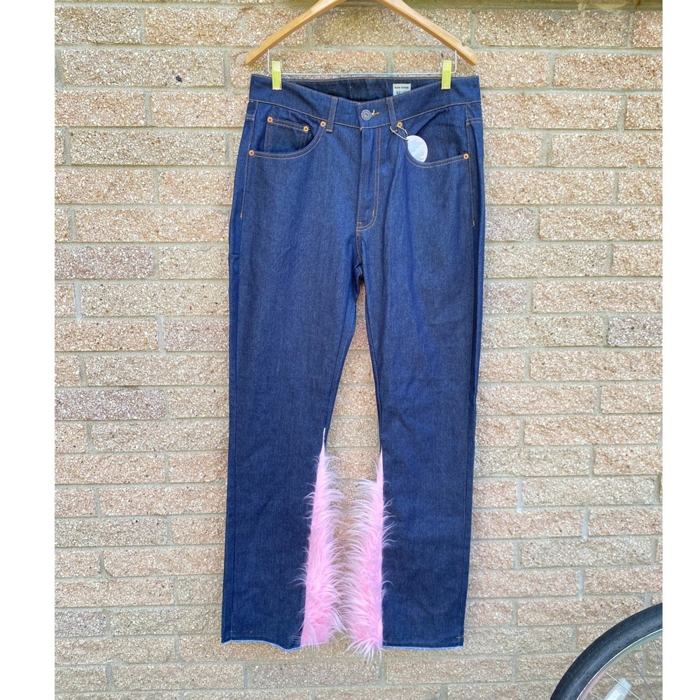 LAAMS‎ x Uzumaki Raw Denim Pink Faux Fur Rhinestone Jeans 32 Bedazzled Y2K Bratz - Picture 2 of 9